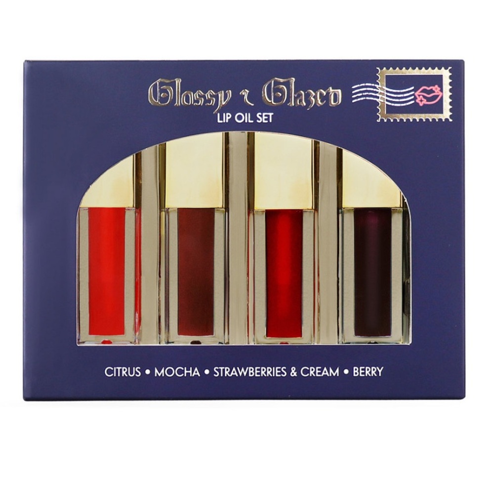 Macys Glossy and Glazed Lip Oil Makeup Set of 4 Citrus Mocha Strawberries Berry